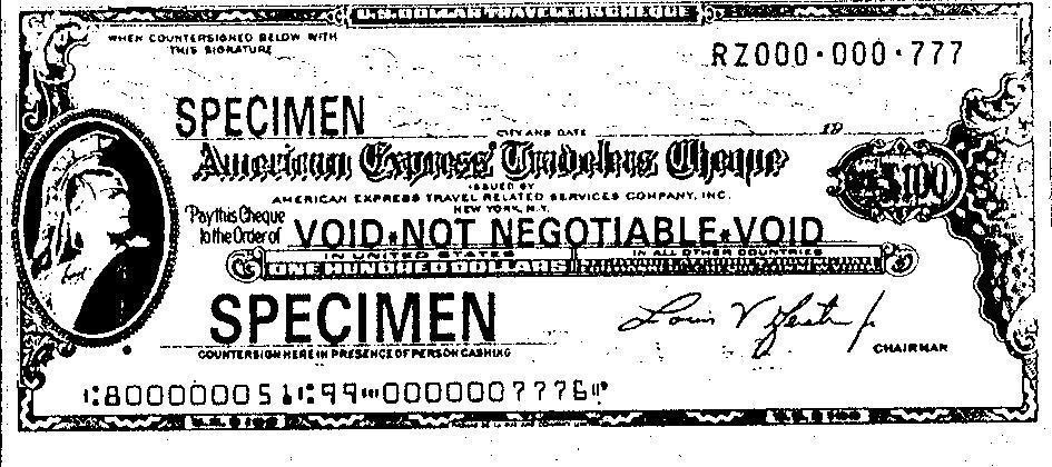 Mẫu nhãn hiệu SPECIMEN VOID. NOT NEGOTIABLE. VOID AMERICAN EXPRESS TRAVELER S CHECK