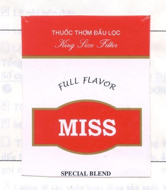 Mẫu nhãn hiệu MISS THUOC LA THOM DAU LOC KING SIZE FILTER FULL FLAVOR SPECIAL BLEND