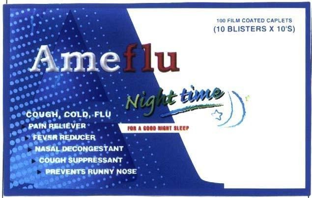 Mẫu nhãn hiệu AMEFLU NIGHT TIME 100 FILM COATED CAPLETS COUGH COLD FLU