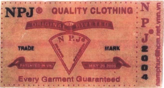 Mẫu nhãn hiệu NPJ QUALITY CLOTHING ORIGINAL RIVETED TRADE MARK EVERY GARMENT GUARATEED