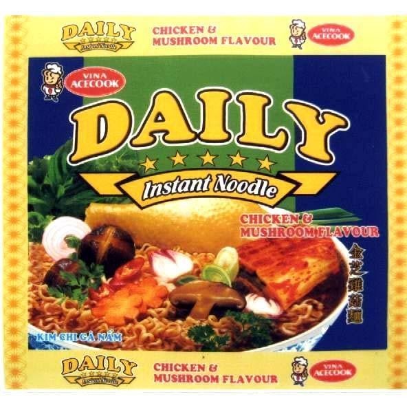 Mẫu nhãn hiệu DAILY INSTANT NOODLE VINA ACECOOK KIM CHI Gá NấM CHICKEN MUSHROOM FLAVOUR JIN ZHI JI GU MIAN