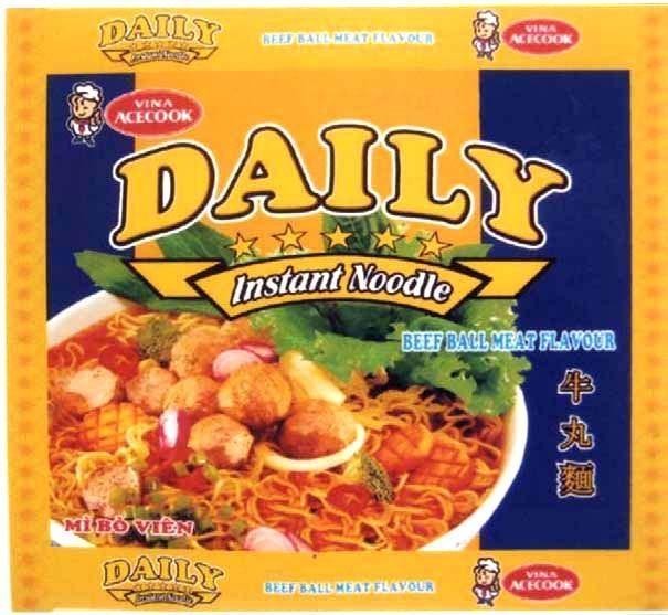 Mẫu nhãn hiệu DAILY INSTANT NOODLE VINA ACECOOK Mì Bò VIÊN BEEF BALL MEAT FLAVOUR NU NIU HUAN MIAN