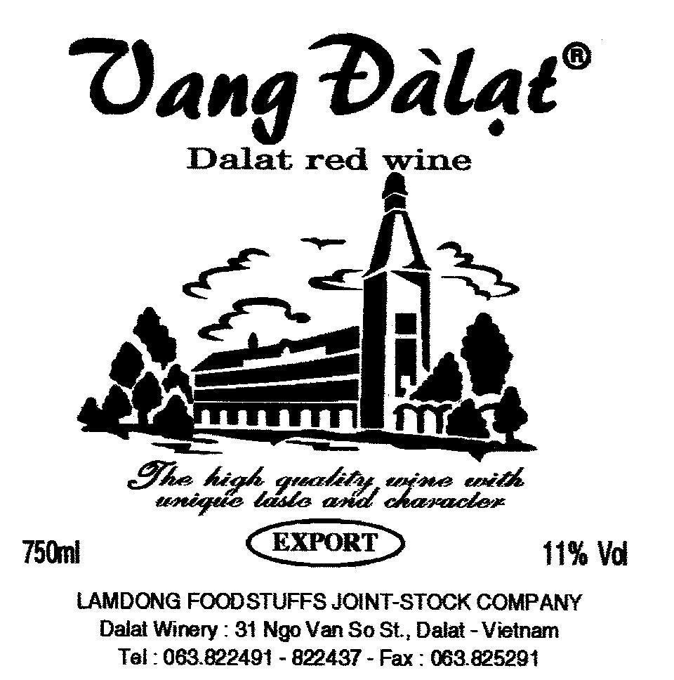 Mẫu nhãn hiệu VANG Đà Lạt DALAT RED WINE EXPORT LAMDONG FOODSTUFF JOINT-STOCK COMPANY