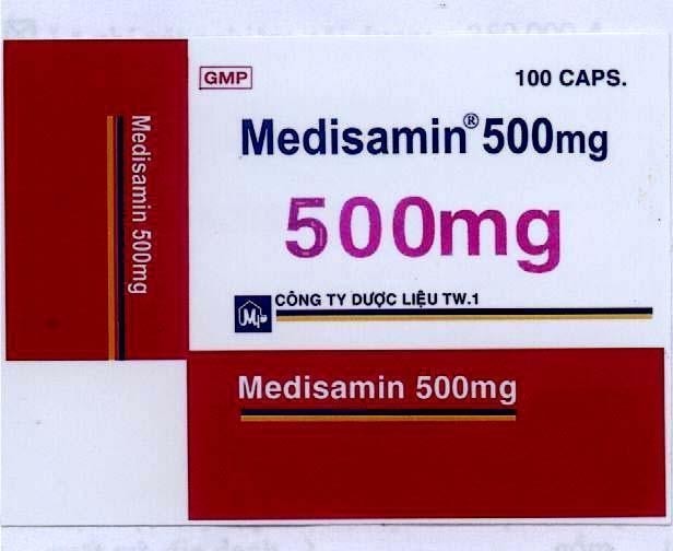 Mẫu nhãn hiệu MEDISAMIN 500MG MP GMP Công ty dược liệu TW1
