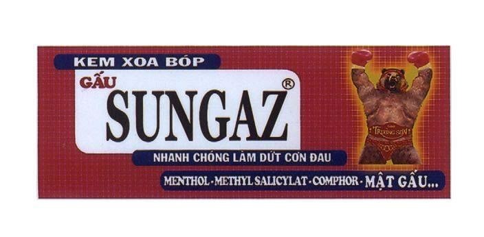 Mẫu nhãn hiệu KEM XOA BóP GấU SUNGAZ TRUONG SON NHANH CHóNG LàM DứT CƠN ĐAU MENTHOL METHYLSALICYLAT COMPHOR G MAT GAU
