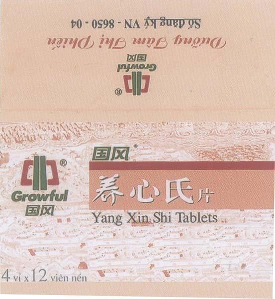 Mẫu nhãn hiệu GROWFUL YANG XIN SHI TABLETS DƯỡNG TÂM THị PHIếN - số đơn VN-4-2005-02750
