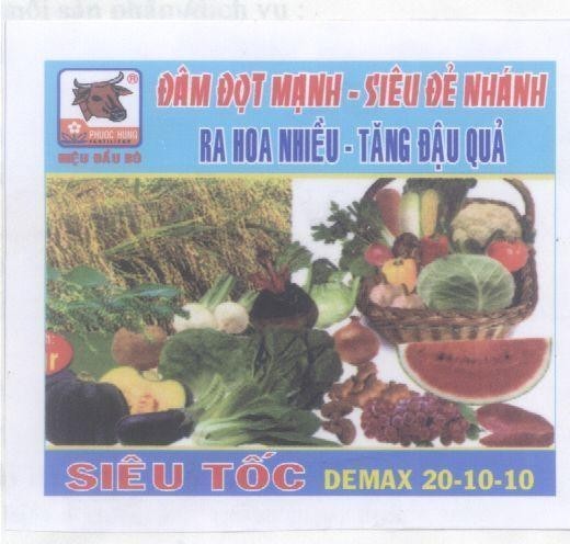 Mẫu nhãn hiệu PHƯớC HƯNG DEMAX Hiệu đầu bò siêu tốc ĐÂM ĐọT MạNH SIÊU Đẻ NHáNH RA HOA NHIềU TĂNG ĐậU QUả