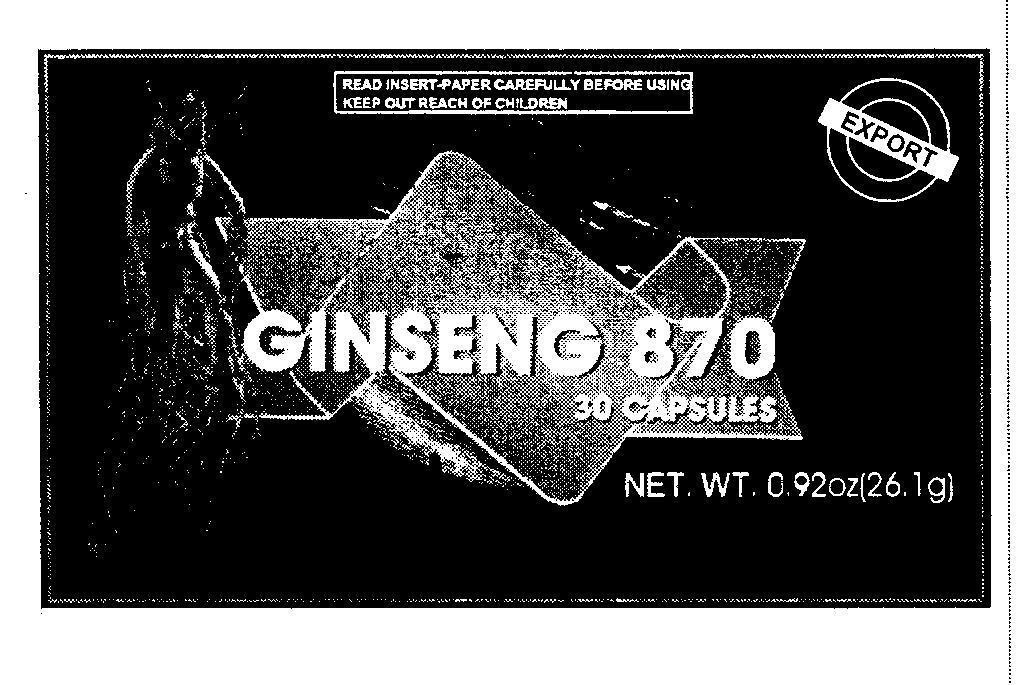 Mẫu nhãn hiệu GINGSENG 870 30 CAPSULES EXPORT