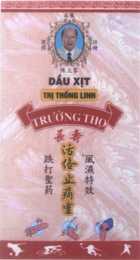 Mẫu nhãn hiệu Trường Thọ [zhen xiang: chân dung, chen li jia: Trần Lập Gia, chang shou] Dầu Xịt Trị Thống Linh
