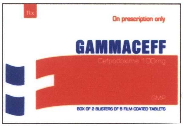 Mẫu nhãn hiệu GAMMACEFF CEFPODOXIME 100MG GMP On prescription only BOX OF....