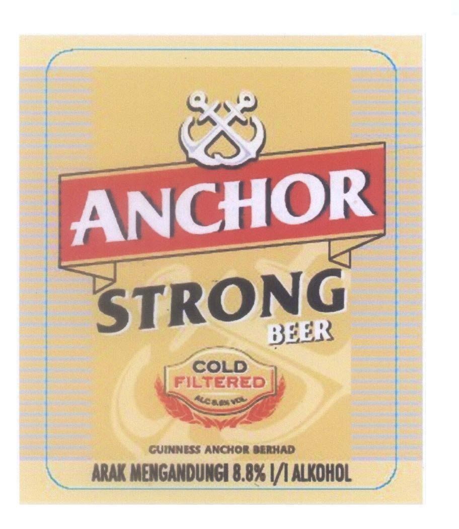 Mẫu nhãn hiệu ANCHOR STRONG BEER COLD FILTERED ALC 8.8% VOL GUINNESS ANCHOR BERHAD ARAK MENGANDUNGI 8.8% I/I ALKOHOL