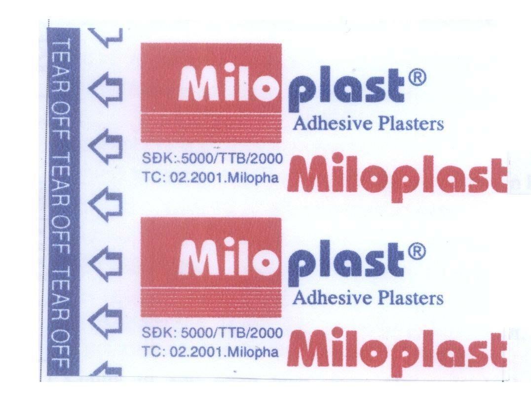 Mẫu nhãn hiệu TEAR OFF Miloplast Adhesive Plasters SĐK: 5000/TTB/2000 TC: 02.2001.Milopha