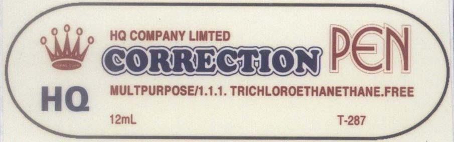 Mẫu nhãn hiệu HQ Hoàng Quan CORRECTION PEN Company Limted MULTPURPOSE/1.1.1 TRICHLOROETHANETHANE.FREE