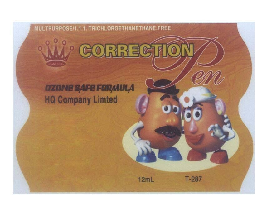 Mẫu nhãn hiệu Hoàng Quan CORRECTION Pen OZONE SAFE FORMULA HQ Company Limted MULTPURPOSE/1.1.1 TRICHLOROETHANETHANE.FREE