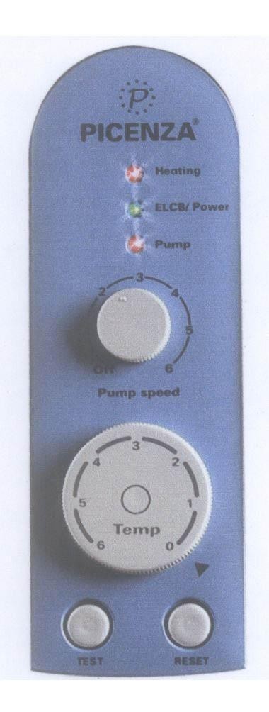 Mẫu nhãn hiệu P PICENZA Heating ELCB/Power Pump Pump speed Temp TEST RESET
