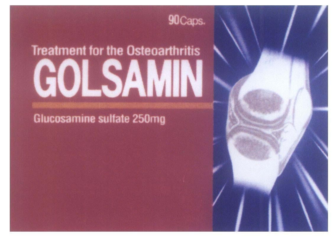Mẫu nhãn hiệu Treatment for the Osteoarthritis GOLSAMIN Glucosamine sulfate 250mg 90Caps