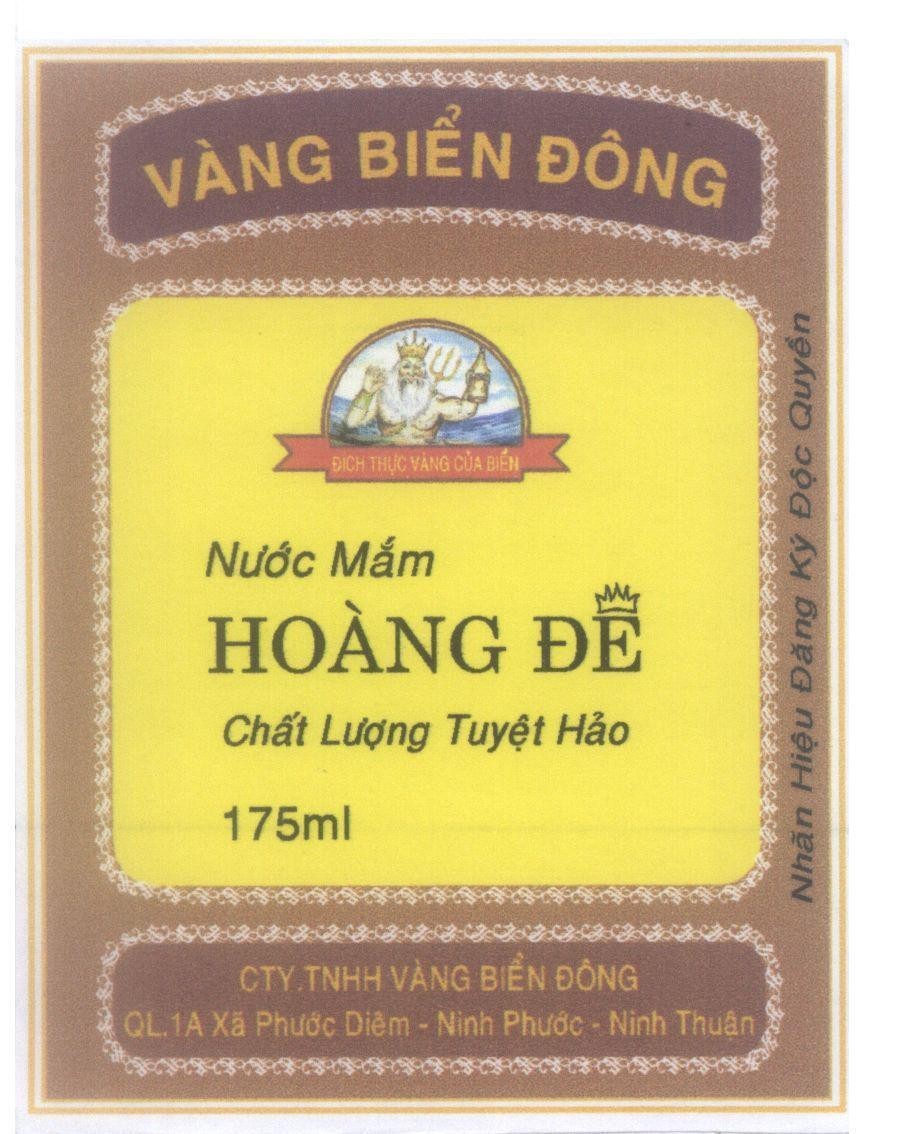 Mẫu nhãn hiệu Vàng Biển Đông Nước Mắm Hoàng Đê Chất Lượng Tuyệt Hảo Đích Thực Vàng Của Biển 175ml CTY TNHH Vàng Biển Đông