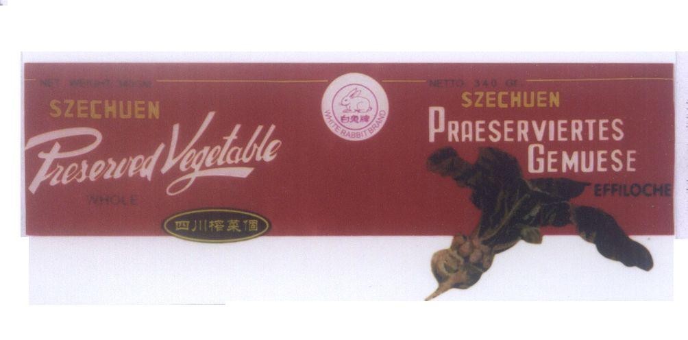 Mẫu nhãn hiệu WHITE RABBIT BRAND SZECHUEN PRAESERVIERTES GEMUESE EFFILOCHE SZECHUEN Preserved Vegetable WHOLE
