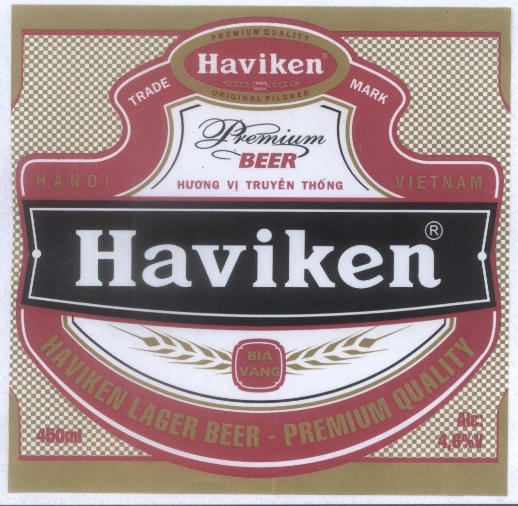 Mẫu nhãn hiệu Haviken Premium Quality ORIGINAL PILSNER Premium Beer Hương vị truyền thống Bia Vàng HANOI VIETNAM HAVIKEN LAGER BEER