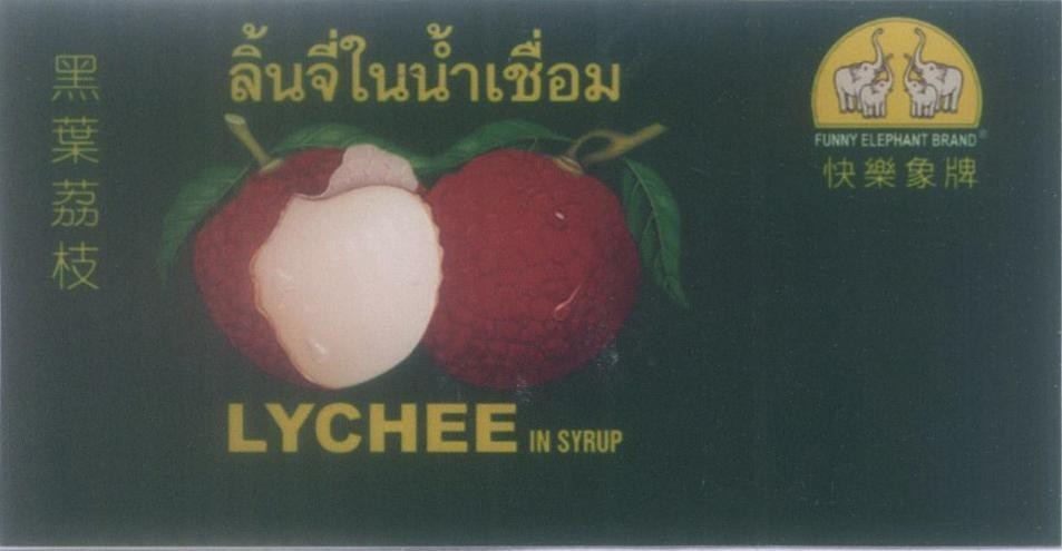 Mẫu nhãn hiệu FUNNY ELEPHANT BRAND [hắc diệp trái vải] [hiệu con voi vui vẻ] LYCHEE IN SYRUP