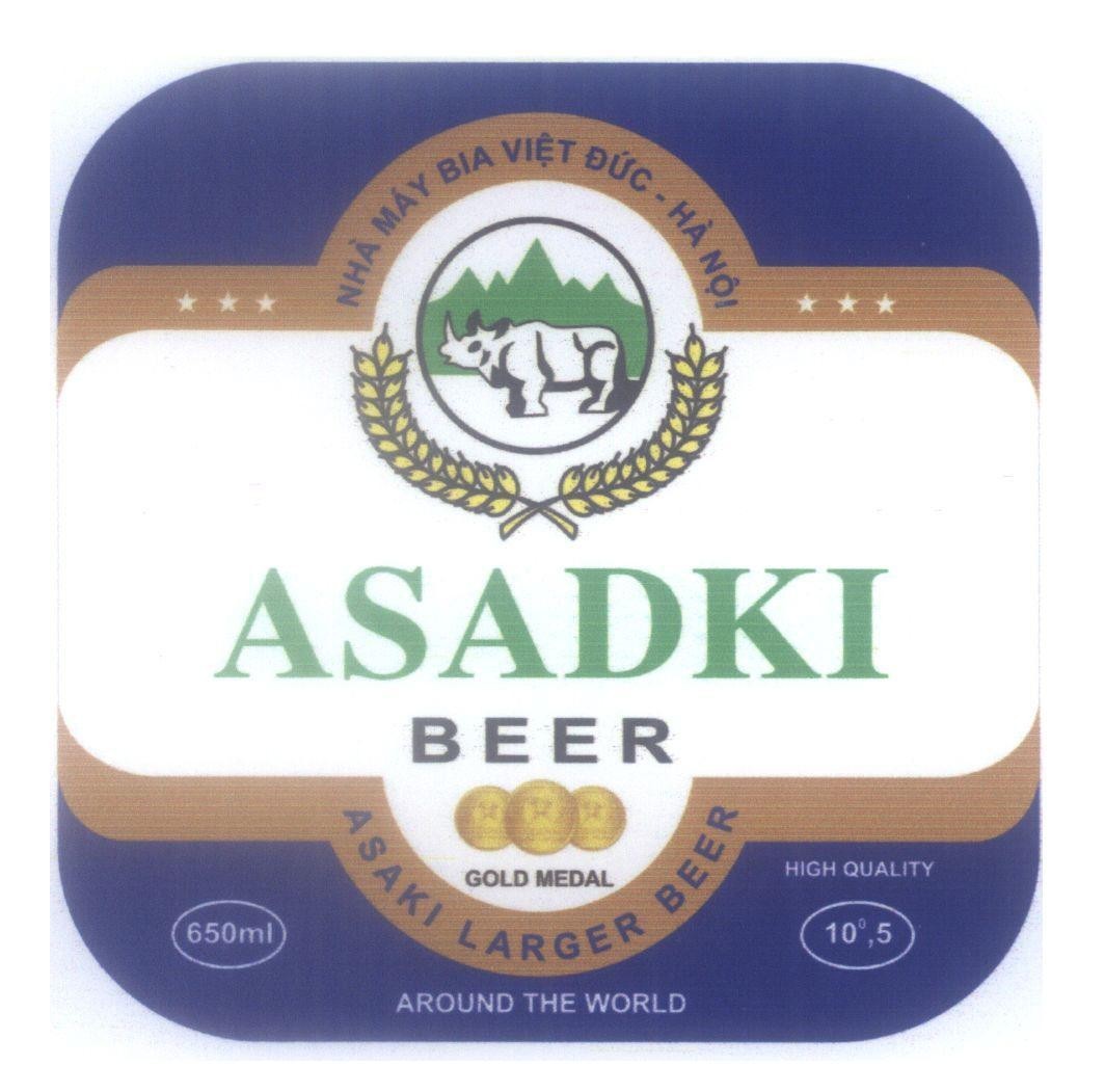 Mẫu nhãn hiệu ASADKI BEER VIET DUC ASAKI LARGER BEER GOLD MEDAL AROUND THE WORLD HIGH QUALITY