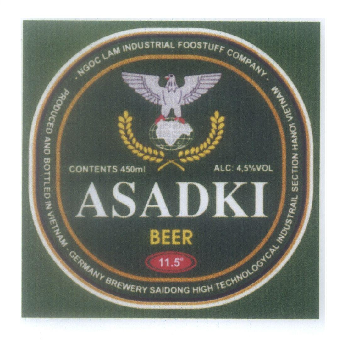 Mẫu nhãn hiệu ASADKI BEER NGOC LAM INDUSTRIAL FOOSTUFF COMPANY PRODUCED AND BOTTLED IN VIETNAM