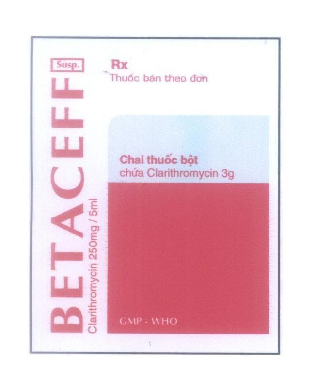 Mẫu nhãn hiệu BETACEFF Susp. GMP - WHO Rx thuốc bán theo đơn. Chai thuốc bột chứa clarithromycin 3g