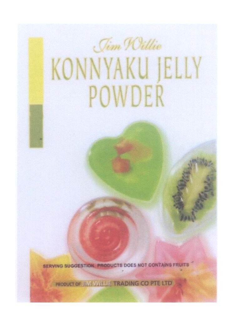Mẫu nhãn hiệu Jim Willie KONNYAKU JELLY POWDER SERVING SUGGESTION. PRODUCTS DOES NOT CONTAINS FRUITS