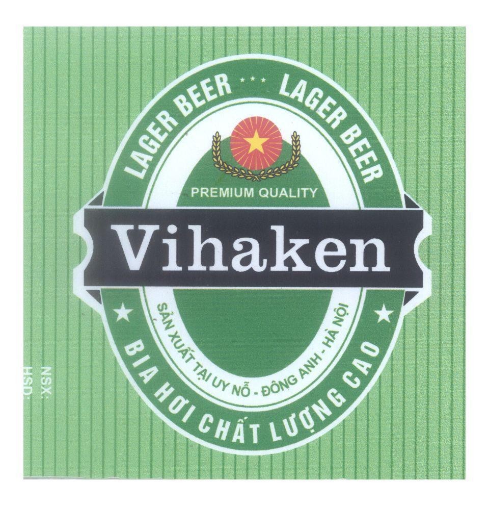 Mẫu nhãn hiệu Vihaken LAGER BEER PREMIUM QUALITY Bia Hơi Chất Lượng Cao Sản Xuất Tại Uy Nỗ - Đông Anh - Hà Nội