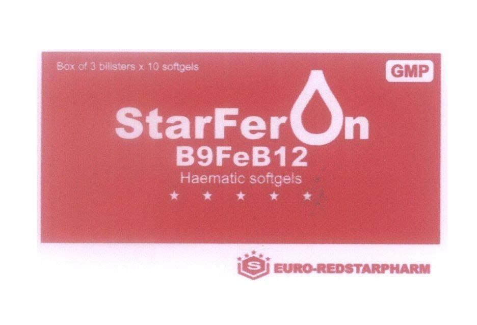 Mẫu nhãn hiệu StarFeron B9FeB12 GMP S EURO-REDSTARPHARM Box of 3 bilisters x 10 softgels Haematic softgels