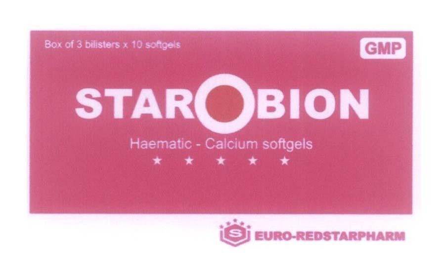 Mẫu nhãn hiệu STAROBION GMP S EURO-REDSTARPHARM Box of 3 bilisters x 10 softgels Haematic - Calcium softgels
