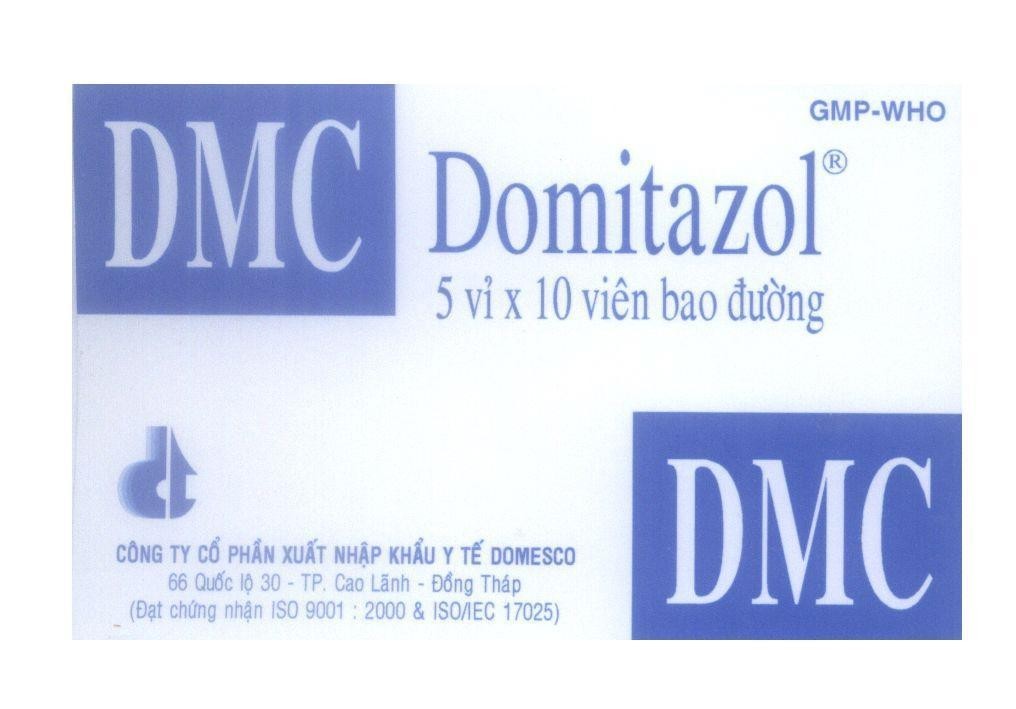 Mẫu nhãn hiệu DMC Domitazol 5 vỉ x 10 viên bao đường GMP-WHO DT Công Ty Cổ Phần Xuất Nhập Khẩu Y Tế DOMESCO