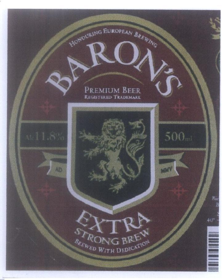 Mẫu nhãn hiệu BARON'S Honouring European Brewing PREMIUM BEER EXTRA STRONG BREW BREWED WITH EDICATION