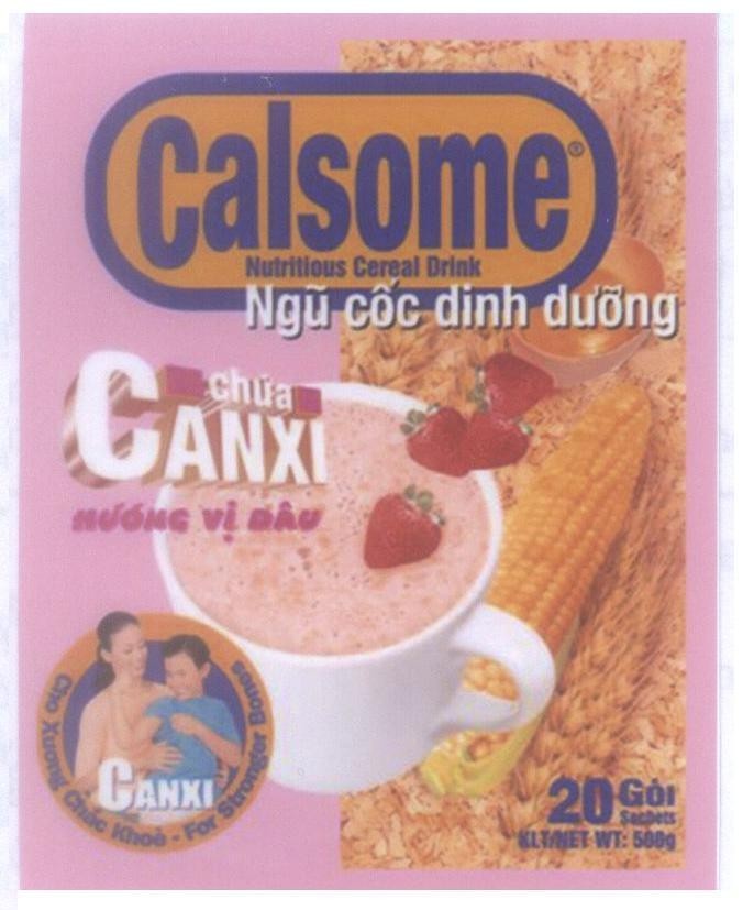 Mẫu nhãn hiệu Calsome Nutritious Cereal Drink ngũ cốc dinh dưỡng chứa CANXI hương vị dâu CANXI Cho xương chắc khoẻ-For Stronger Bones