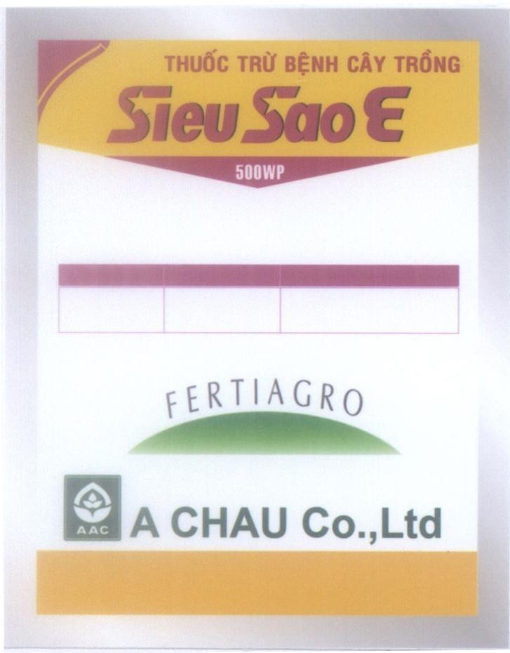 Mẫu nhãn hiệu Sieu Sao E Thuốc Trừ Bệnh Cây Trồng 500WP FERTIAGRO A CHAU Co., Ltd AAC