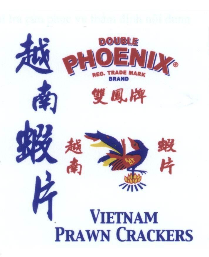 Mẫu nhãn hiệu DOUBLE PHOENIX REG.TRADE MARK BRAND VIETNAM PRAWN CRACKERS [shuang feng pai: hai chim phượng hoàng; yue nan xia pian...]