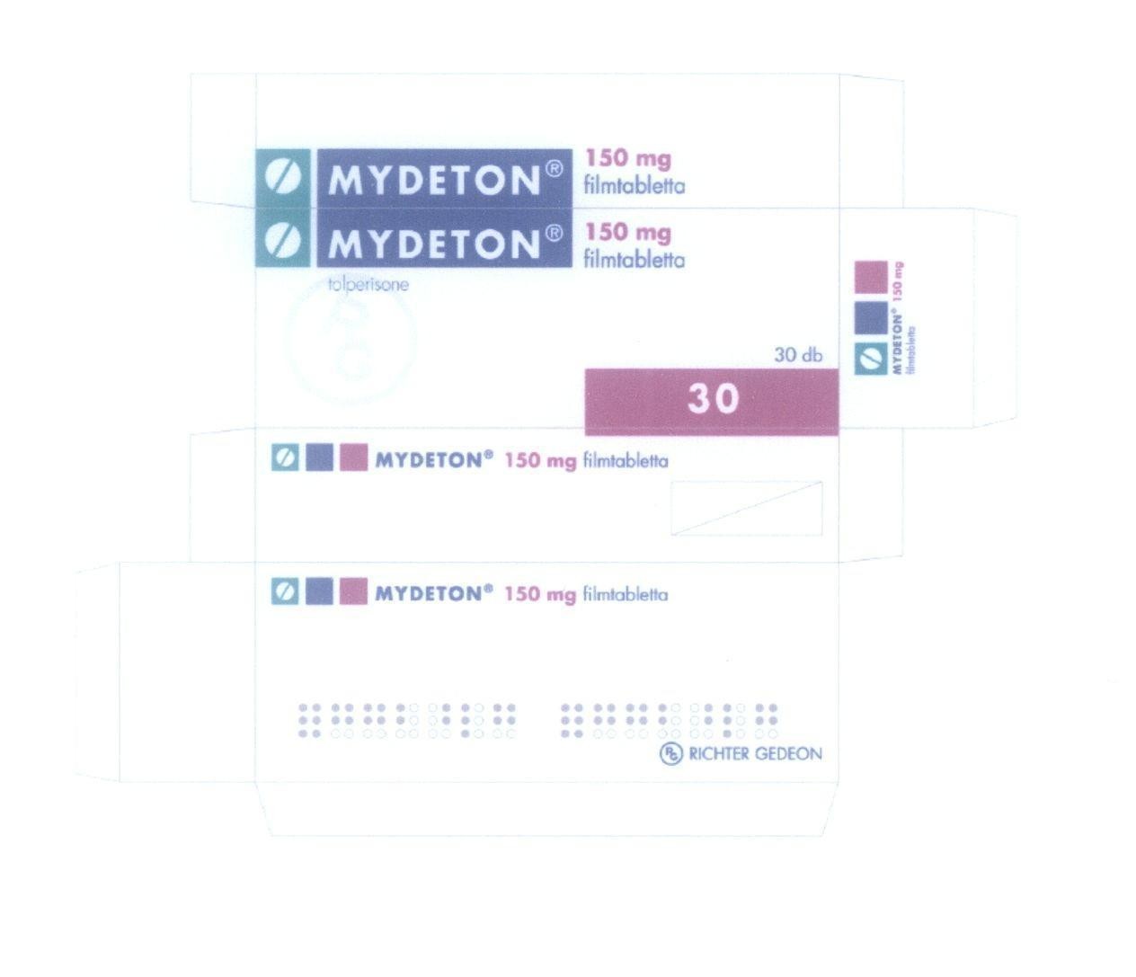 Mẫu nhãn hiệu MYDETON 150 mg filmtabletta iolperisone RICHTER GEDEON RG 30 db