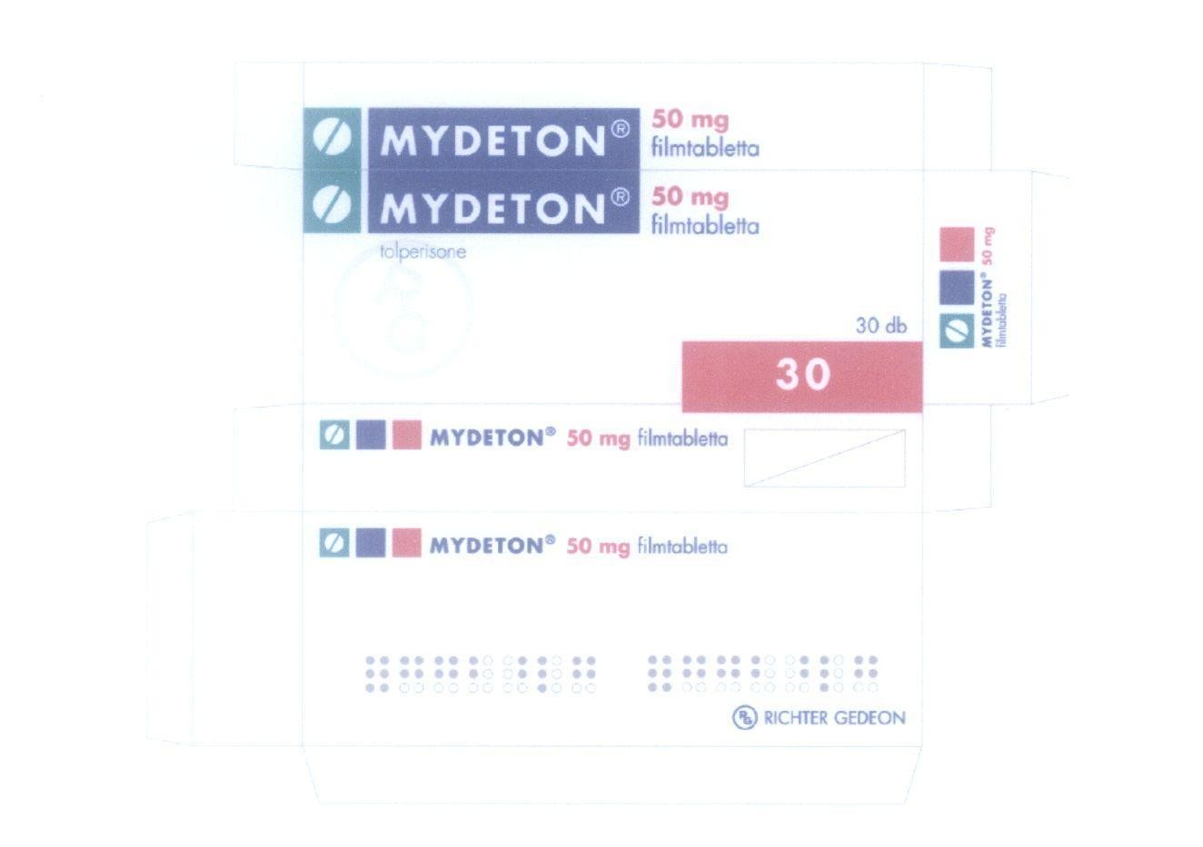 Mẫu nhãn hiệu MYDETON 50 mg filmtabletta tolperisone RICHTER GEDEON R G 30 db