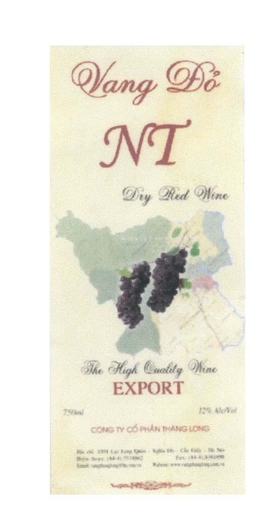 Mẫu nhãn hiệu Vang Đỏ NT Dry Red Wine The High Quality Wine EXPORT Công Ty Cổ Phần Thăng Long...