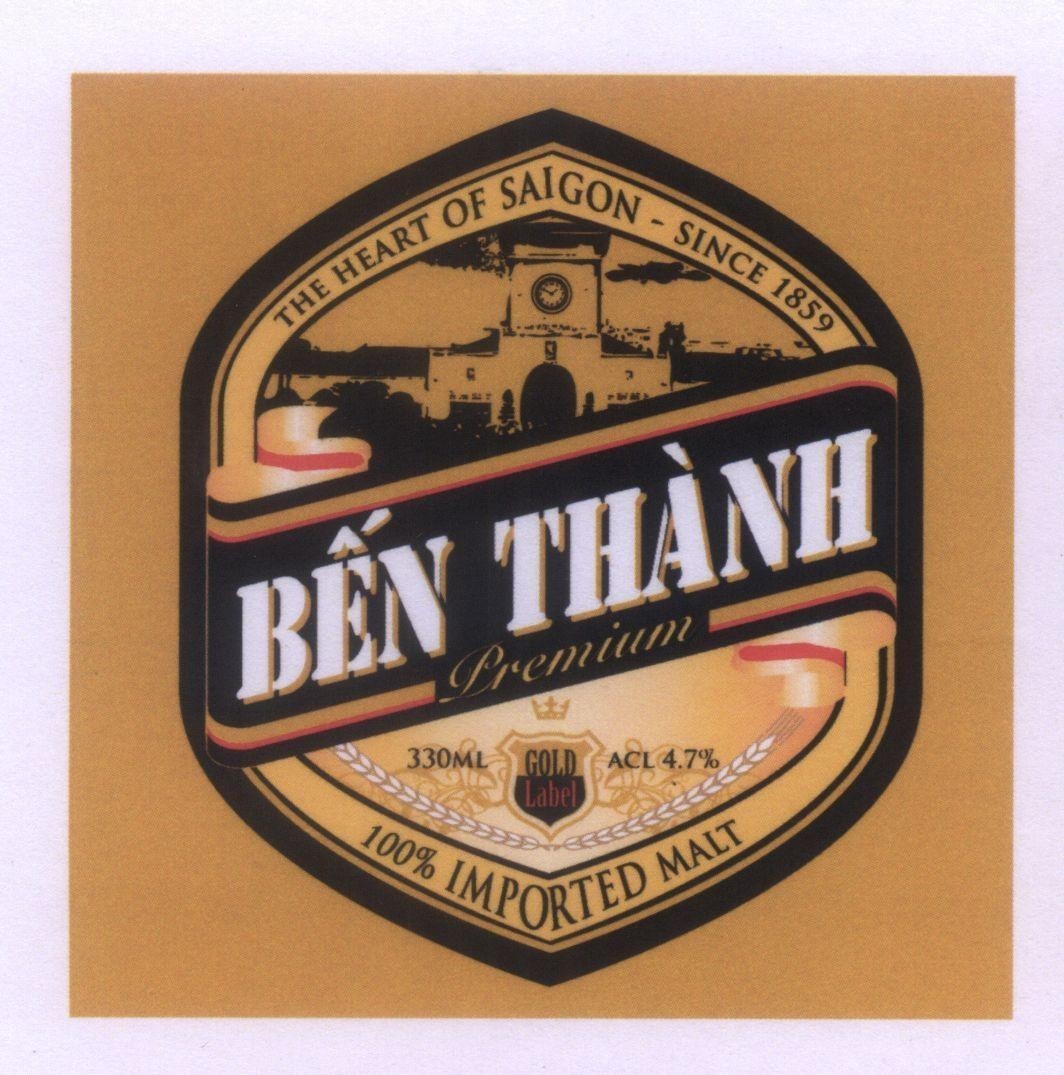 Mẫu nhãn hiệu Bến Thành Premium THE HEART OF SAIGON - SINCE 1859 GOLD Label 330ML ACL 4.7% 100% IMPORTED MALT