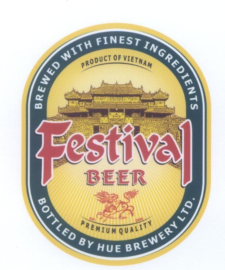 Mẫu nhãn hiệu Festival BEER BREWED WITH FINEST INGREDIENTS BOTTLED BY HUE BREWERY LTD. PREMIUM QUALITY EST. 2000