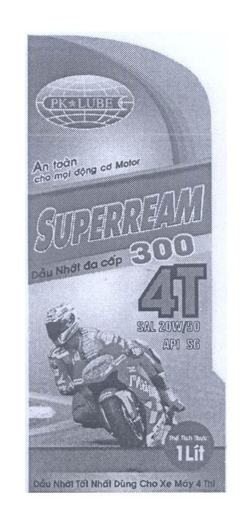 Mẫu nhãn hiệu SUPERREAM 4T Dầu Nhớt đa cấp 300 PK LUBE An toàn cho mọi động cơ Motor SAL 20W/50 API SG