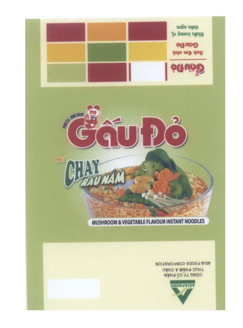 Mẫu nhãn hiệu Gấu Đỏ RED BEAR MUSHROOM & VEGETABLE FLAVOUR INSTANT NOODLES Mì Chay Rau Nấm Phở Anh Em Nhà Gấu Đỏ ASIAFOODS