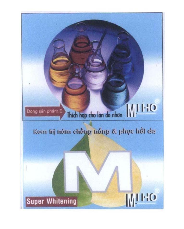 Mẫu nhãn hiệu M MI HO MIHO Dòng sản phẩm E Thích hợp cho làn da nhơn Kem trị nám chống nắng & phục hồi da Super Whitening