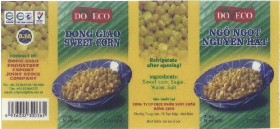 Mẫu nhãn hiệu DOVECO DONG GIAO SWEET CORN Ngô Ngọt Nguyên Hạt ISO HACCP AJA