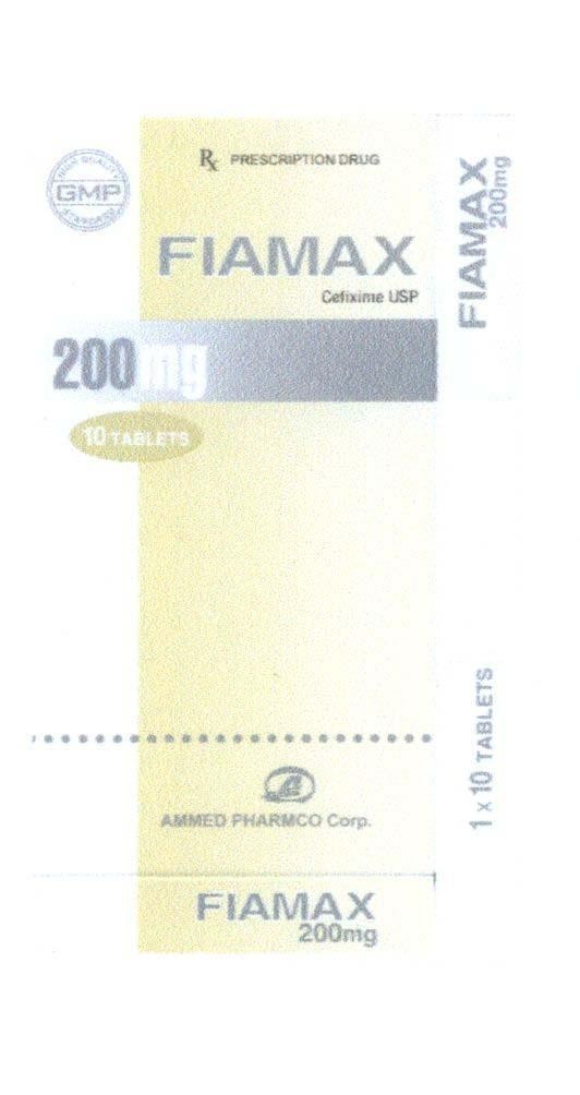 Mẫu nhãn hiệu FIAMAX Cefixime USP 200mg GMP RX PRESCRIPTION DRUG AMMED PHARMCO Corp. High Quality Standard