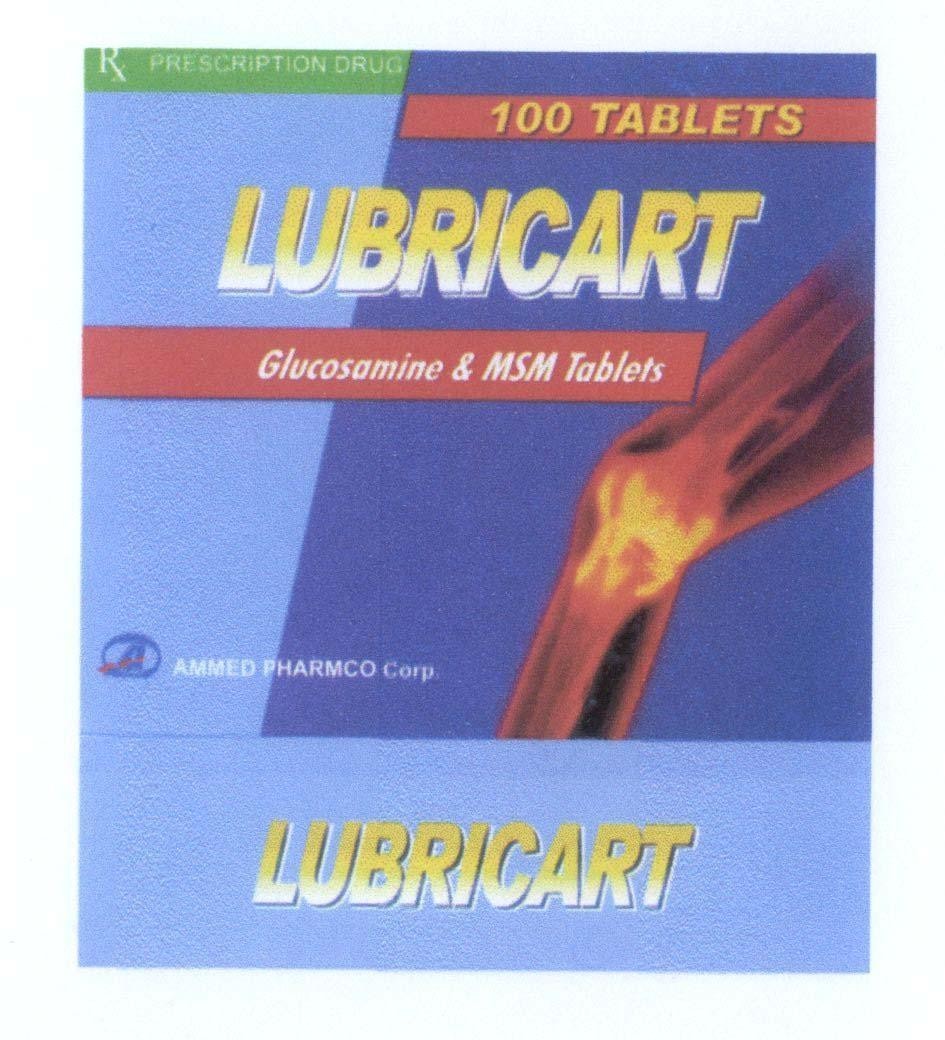 Mẫu nhãn hiệu RX PRESCRIPTION DRUG 100 TABLETS LUBRICART Glucosamine & MSM Tablets AMMED PHARMCO Corp