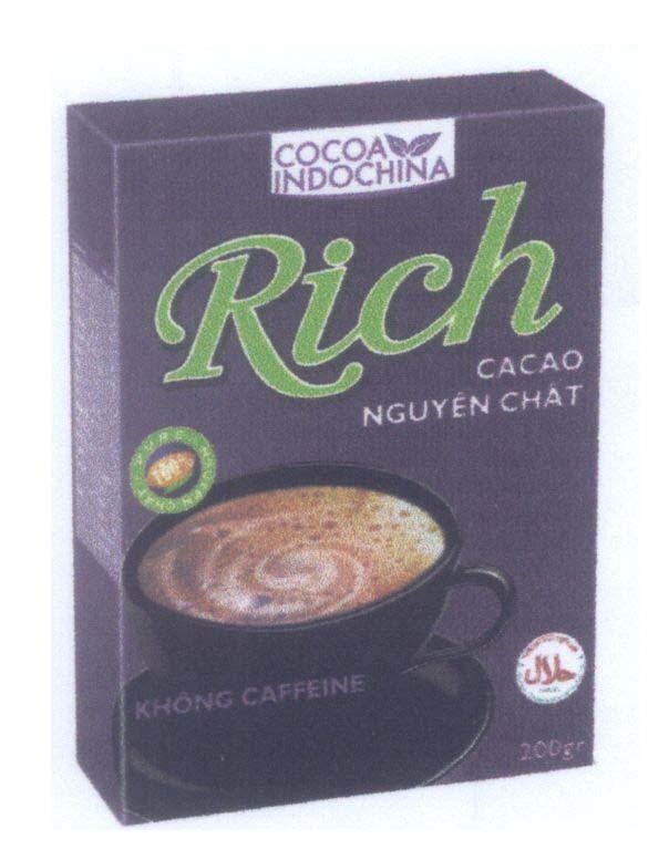 Mẫu nhãn hiệu RICH CACAO Nguyên Chất COCOA INDOCHINA Không CAFFEINE