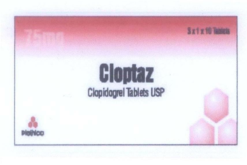 Mẫu nhãn hiệu Cloptaz Plethico Clopidogrel Tablets USP 75mg 3x1x10 tablets