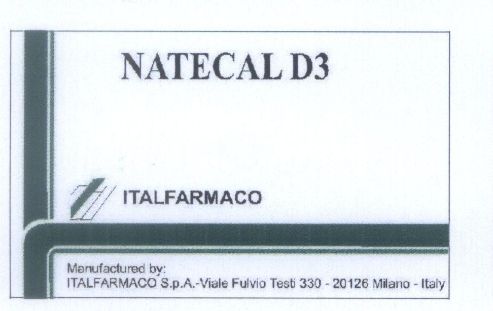 Mẫu nhãn hiệu NATECAL D3 ITALFARMACO Manufactured by S.p.A Viale Fulvio Testi 330 - 20126 Milano - Italy